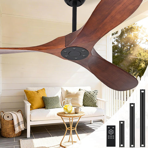 Set of 3 - Solid Wood Ceiling Fan Without Light, 52 inch Walnut Ceiling Fan with 3 Wood Blades 6 Speeds Smart Timing Reversible DC Motor, Modern Ceiling Fans for Indoor Outdoor Farmhouse/Patios - Dark Walnut