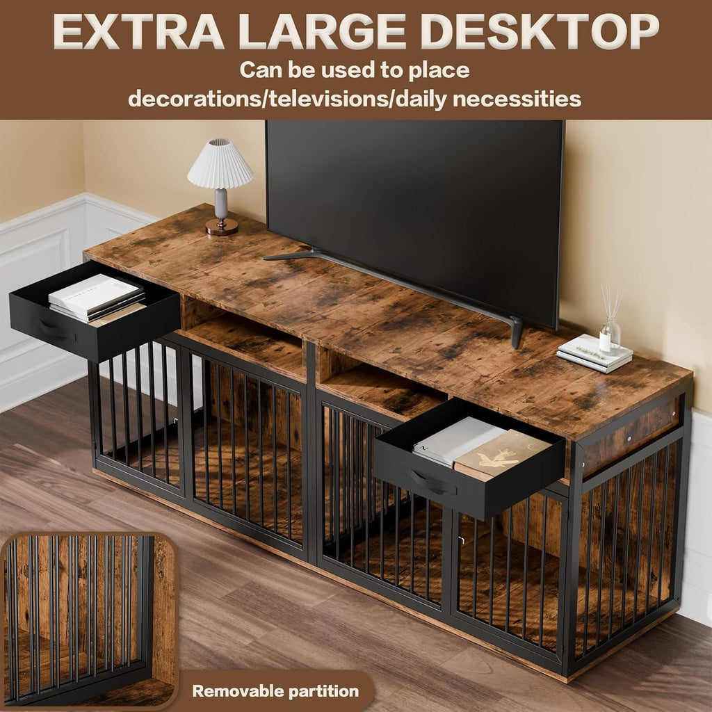 Corner Dog Crate Furniture, 67" Metal Frame L Shaped Double Dog Crate Kennel with Divider and 2 Fabric Drawers TV