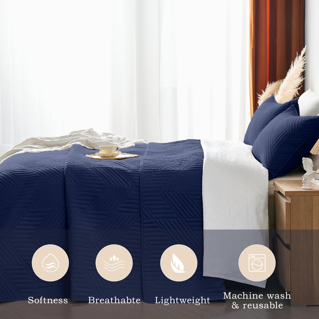 Quilt Bedding Set, Navy Blue Ultrasonic Quilt Set Reversible Microfiber Bedspread, Lightweight Soft