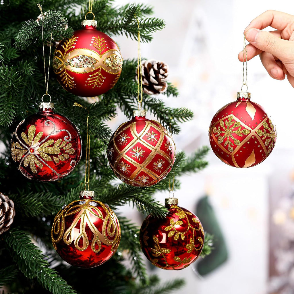 6 Pcs 3.15 in Glass Luxury Christmas Ball Red and Gold Ornaments