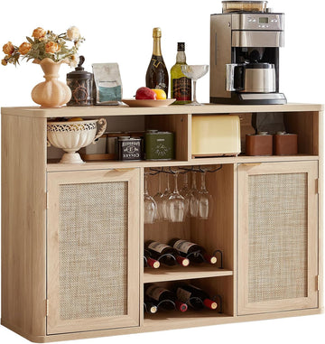 Rattan Wine Bar Cabinet with 2 Doors, Natural Wood | Boho Liquor Cabinet with Wine Racks & 2 Open Shelves & Rounded