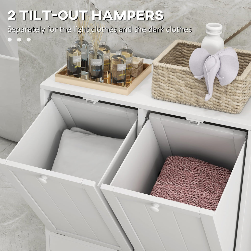 Double Tilt Out Laundry Hamper Cabinet with Storage 2 Doors White