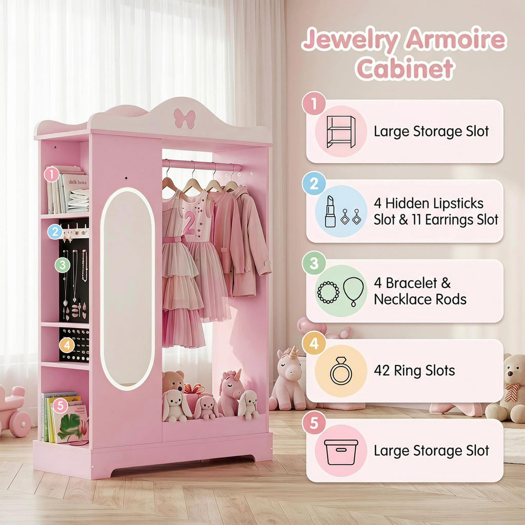 Kids Dress Up Storage with Lighted Mirror, Open Hanging Armoire, Pink