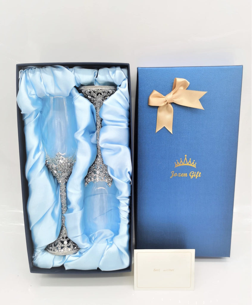 Champagne Flutes - Crystal Glass Metal Base With Crystal Stones, Set of 2 Toasting Flute Pair, Wedding Anniversary