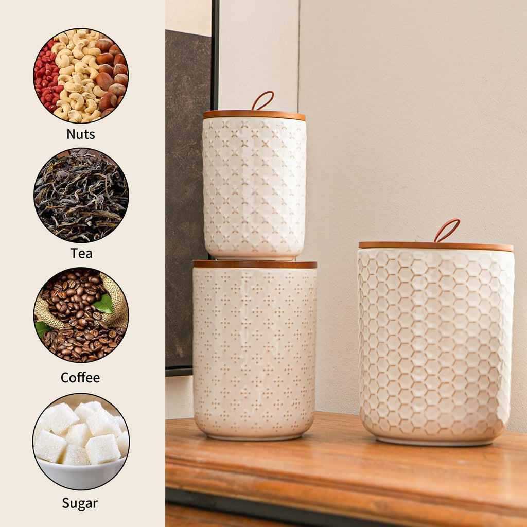 White Embossed Ceramic Canister 3 Piece with Airtight Bamboo Lid