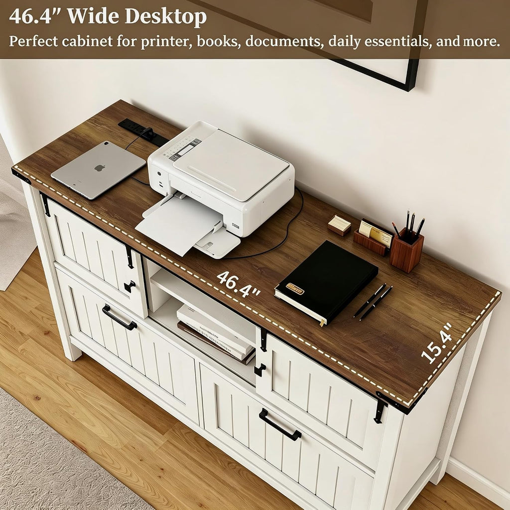 Farmhouse File Cabinet , White Printer Stand | Office Credenza Storage Cabinet,Sliding Barn Doors & 2 Large File