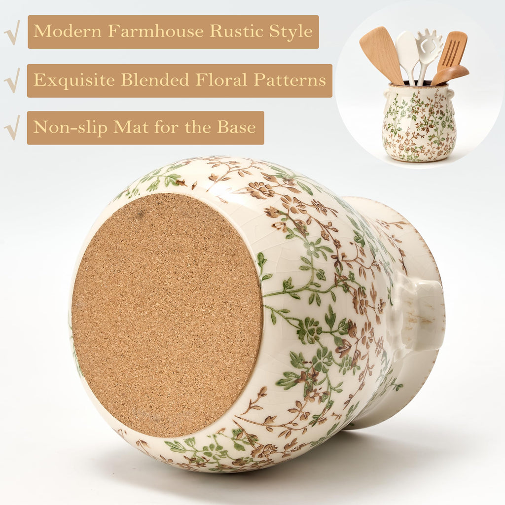 Utensil Holder Counter, Modern Farmhouse Rustic Cooking Utensil Holder and Crock, Exquisite Chinoiserie Floral