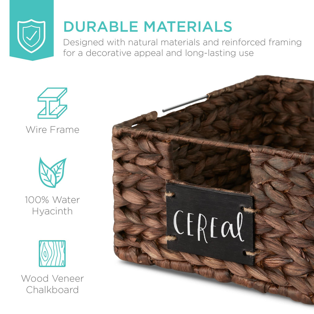 Set of 4 9x12in Water Hyacinth Pantry Baskets, Woven Organizers w/Chalkboard Label, Chalk Marker - Brown