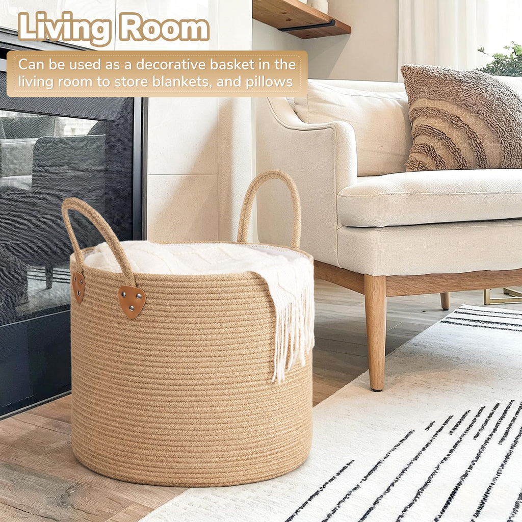 50L Blanket Basket Living Room, Wicker Laundry Baskets Decor, Baby Toy Basket with Handles, Large Nursery Hamper for