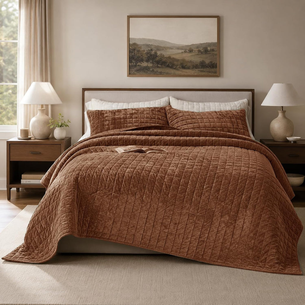 Quilt Set Oversized King 120x120 Luxurious Velvet Bedding Sets with 2 Pillow Shams 20x36 3 Pieces Ultra Soft Quilted