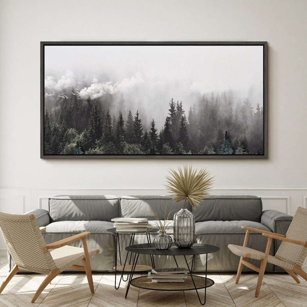 Extra Large Framed Canvas Foggy Pine Forest with Flying Birds Monochrome Illustrations Modern Art Calm Warm - 60"" x30