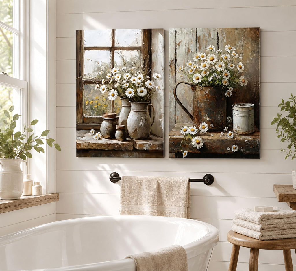 2Pcs Farmhouse Daisy Wall Art Country Bathroom Wall Decor