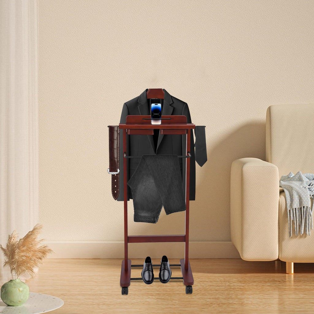 Wooden Freestanding Clothes Stand with Sturdy Base, Multi-functional Suit Valet Stand, Coat Rack with Top Drawer, Tie