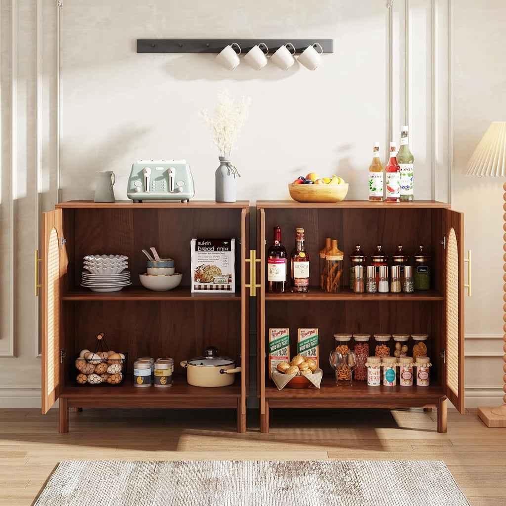 Set of 2 Rattan Sideboard Buffet with Storage, 59 Inch Accent Cabinet with Doors, Storage Cabinet , Caramel Brown