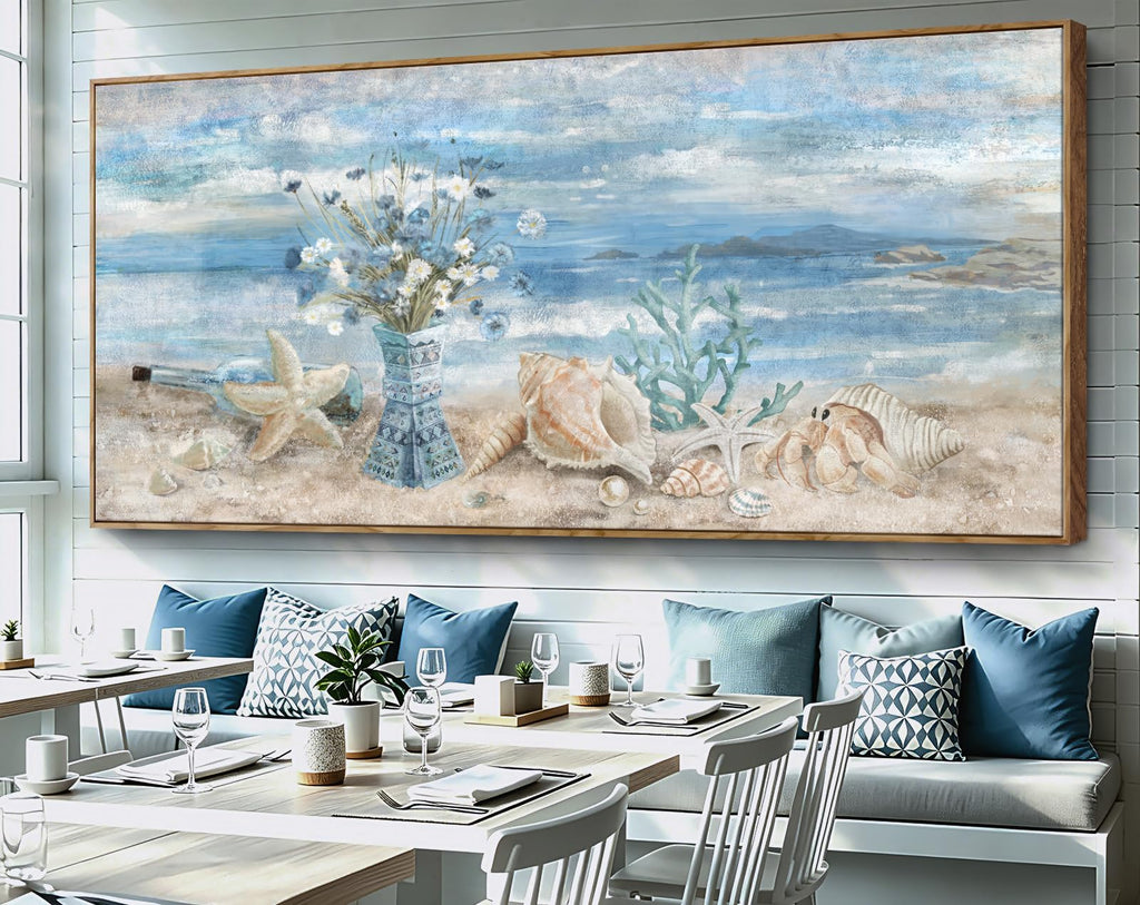 Oversized Blue Ocean Framed Wall Art Boho Canvas Print 86x39inch
