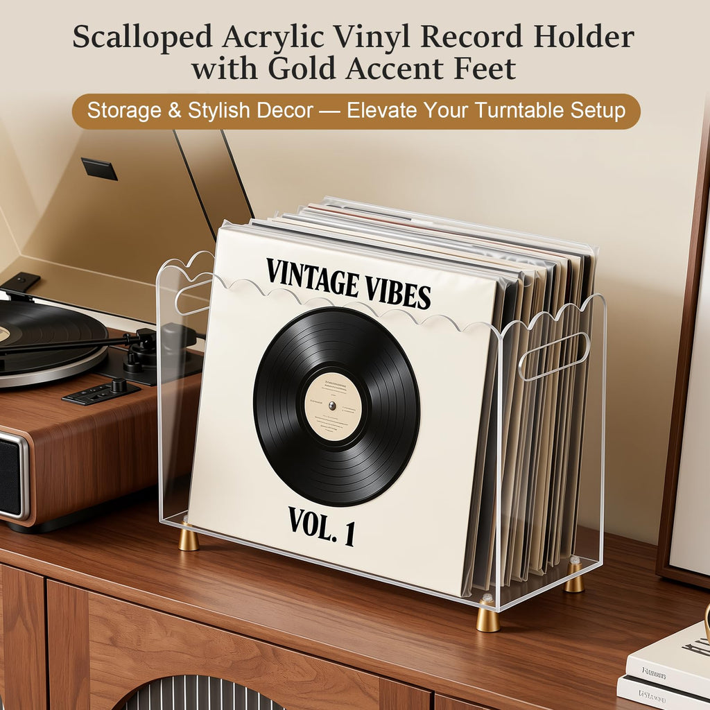 Acrylic Vinyl Record Holder, Vinyl Record Storage with Luxe Gold Metal Feet and Scalloped Edge Design, Portable