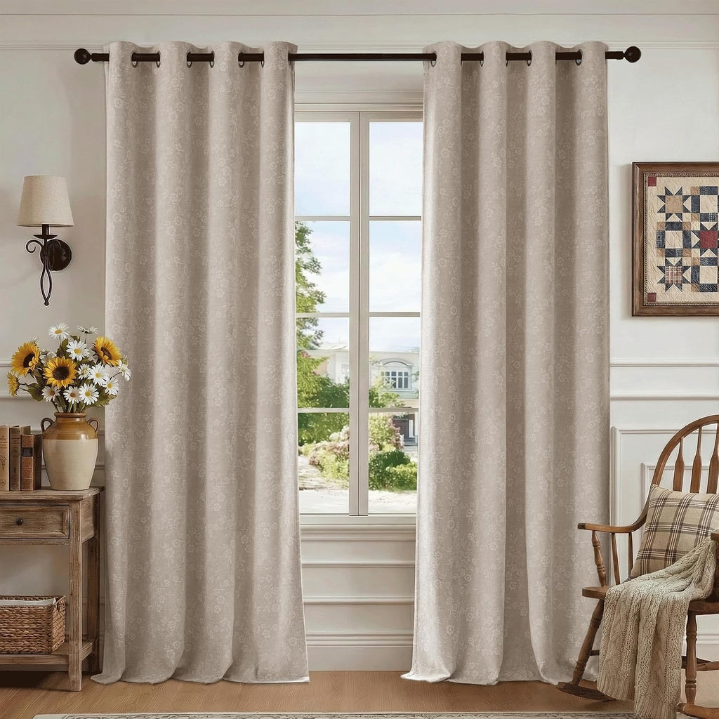 Beige Floral Jacquard Blackout Curtains 84 Inches Long 2 Panels for Living Room Bedroom Chenille Flower Room