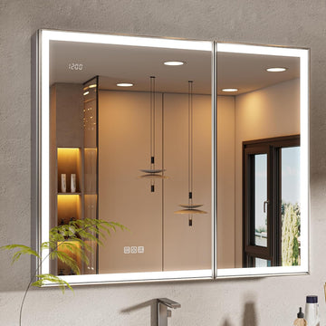 36x30 Lights Medicine Mirror Cabinet, Beveled Brushed Nickel Frame | Lighted Aluminum Bathroom Cabinet, Surface or