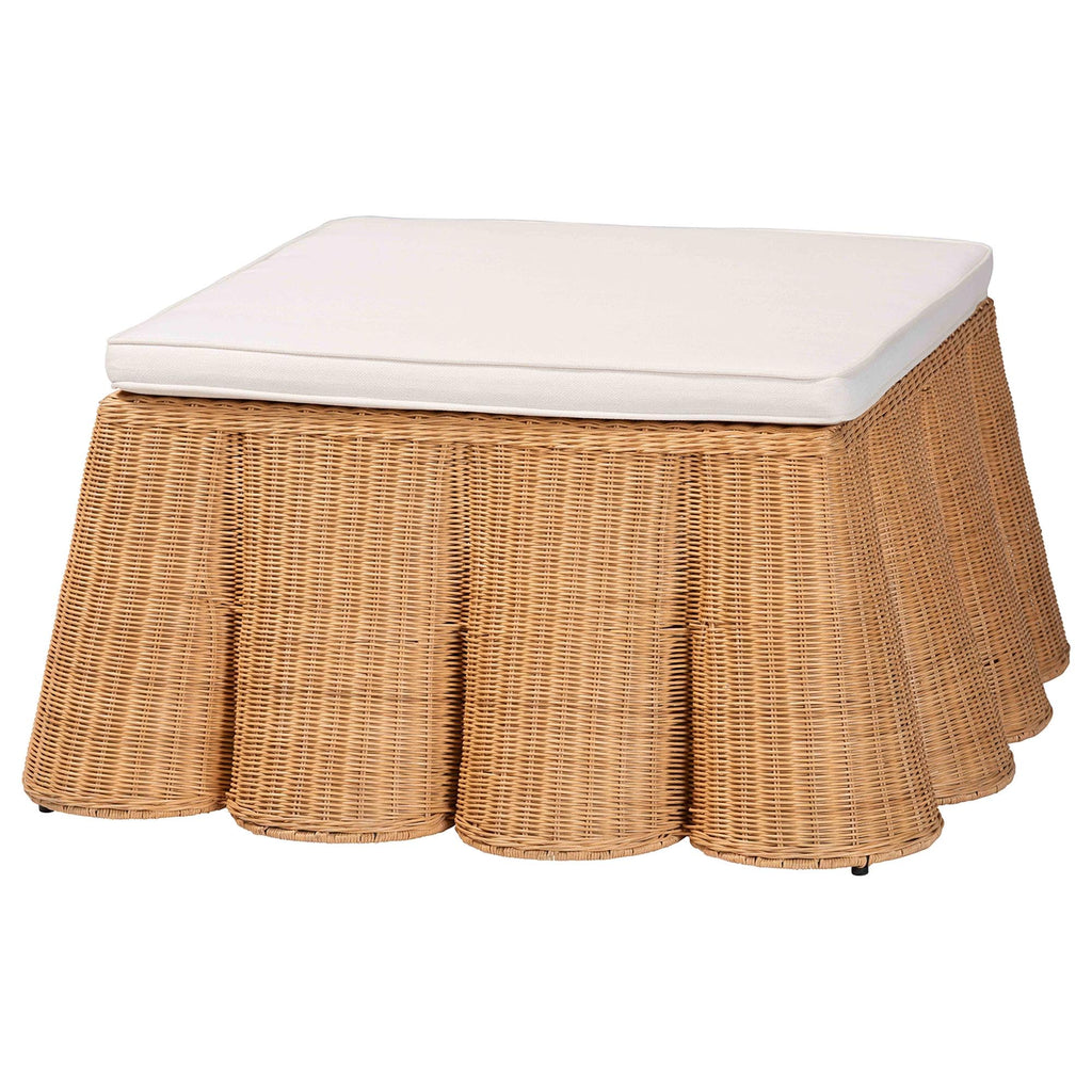 Palm Scallop Natural Rattan Ottoman with Cushion - Handwoven Wicker Accent Bench or Footrest, or Sunroom Decor