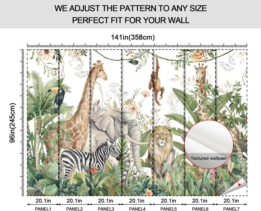 Kids Room Jungle Wall Mural, Safari Animals Rainforest Wallpaper Mural , Kindergarten, Living Room, Nursery Room