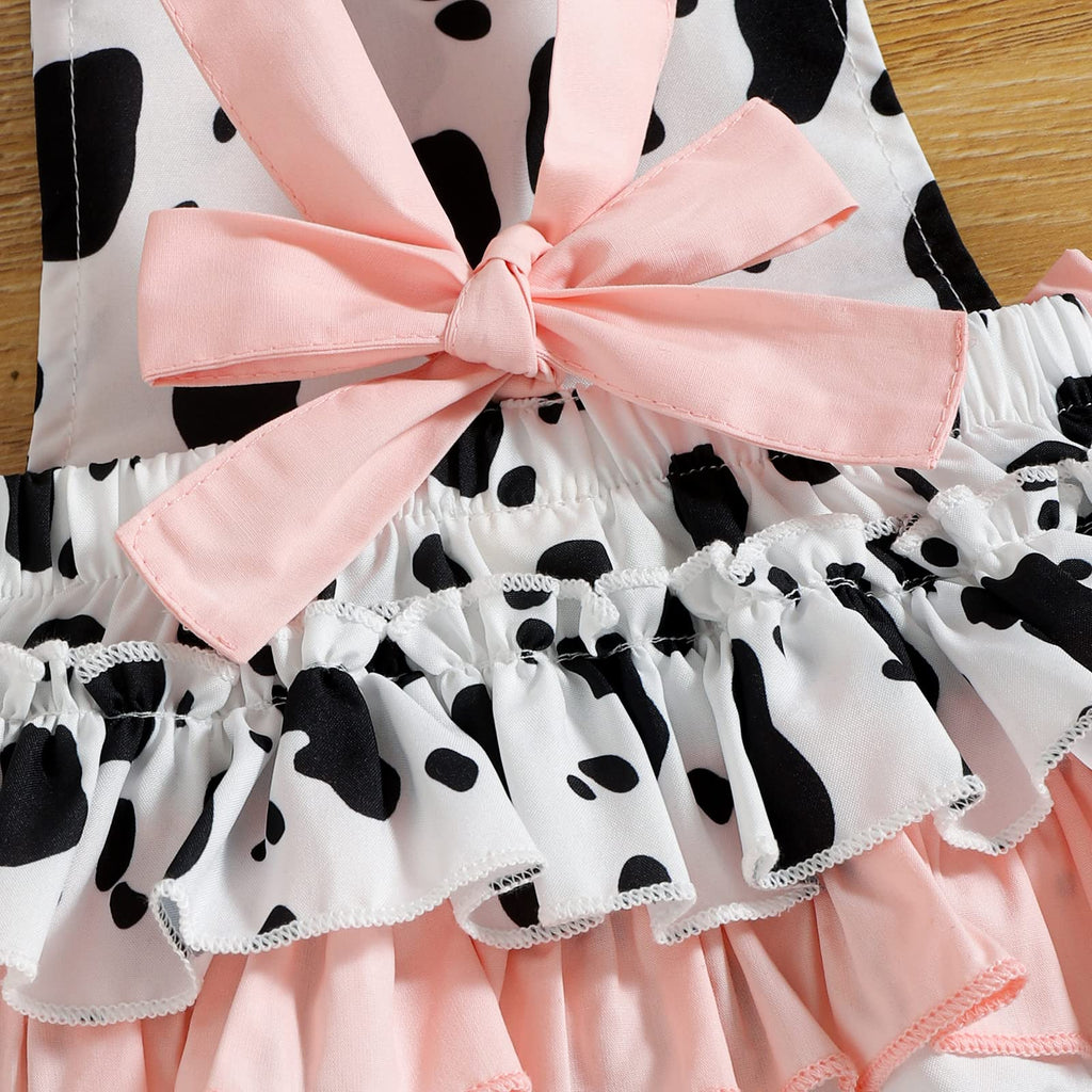 Girls Cow Print Romper Summer Sleeveless Backless Jumpsuit Ruffle Bowknot Tutu Dress Sunsuit with Headband Farm Cow