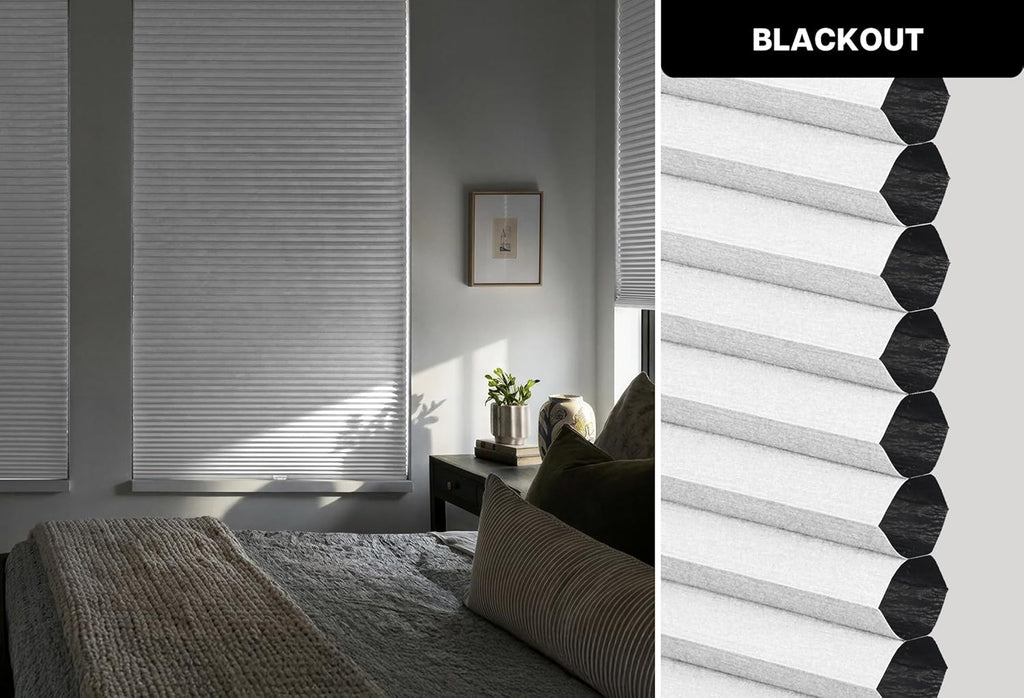 No Drill Cordless Cellular Shades, Silver White | Blackout Honeycomb Shades Thermal Insulation Noise Reduction Glare