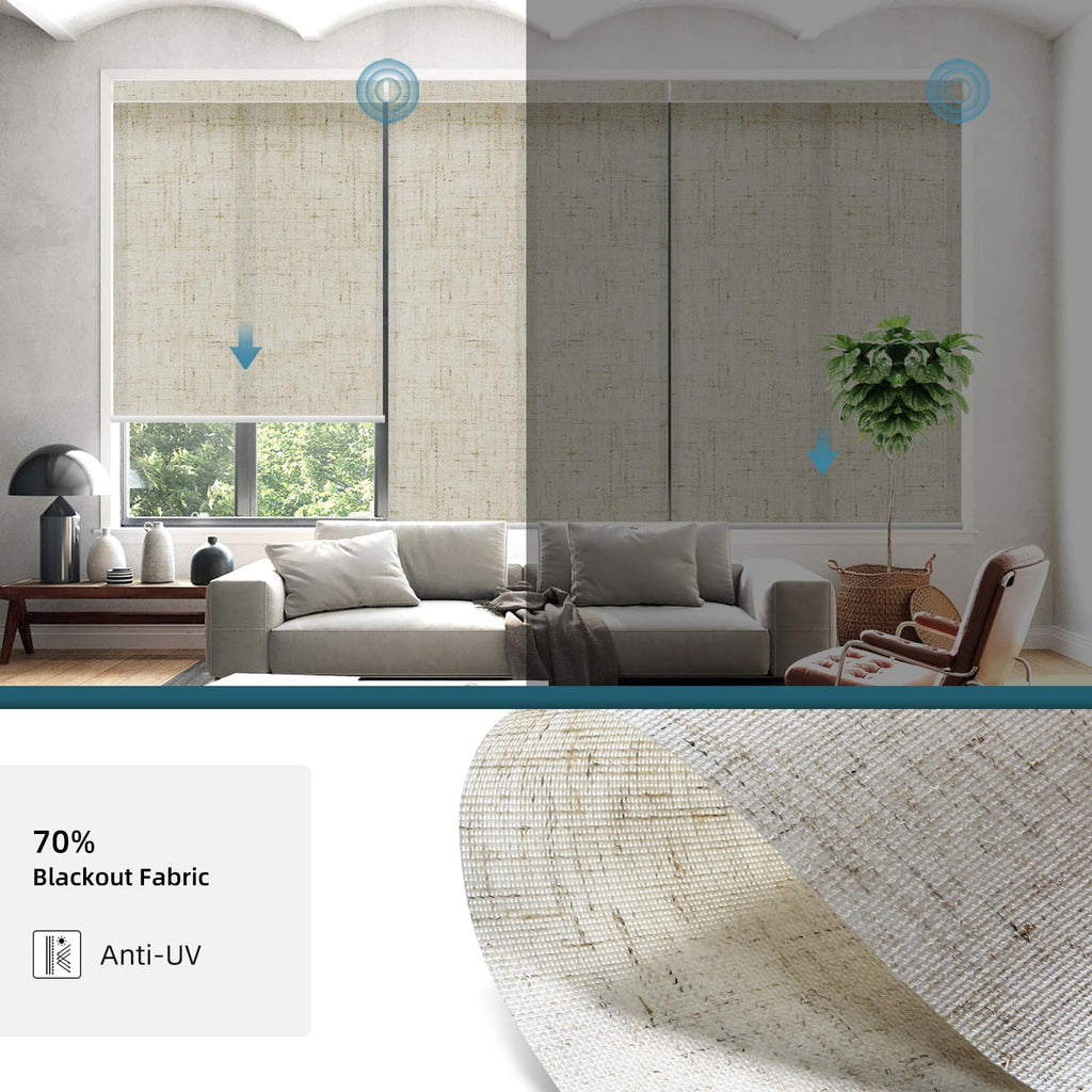Motorized Roller Shades, Light Filtering Linen Sand