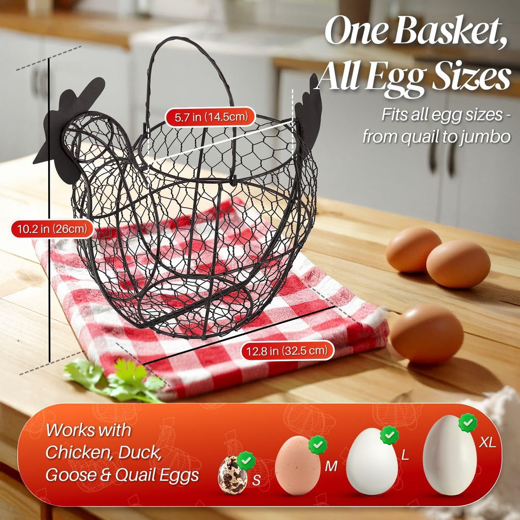Egg Basket for Gathering Fresh Eggs, Black Wire Chicken Egg Collecting Basket Countertop, 24-Egg Metal Holder with