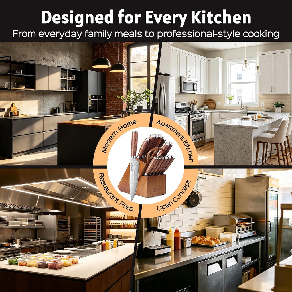 16-Piece Kitchen Knife Set with Block, Built-in Sharpener, Ultra Sharp 5Cr15Mov Stainless Steel Chef Knives, Natural