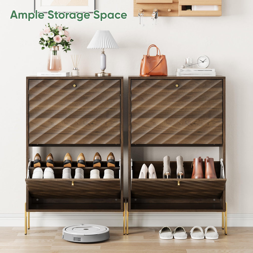 Shoe Storage Cabinet with Textured Diagonal Lines Doors 2 Flip Drawers, Walnut Narrow Shoe Cabinet Storage