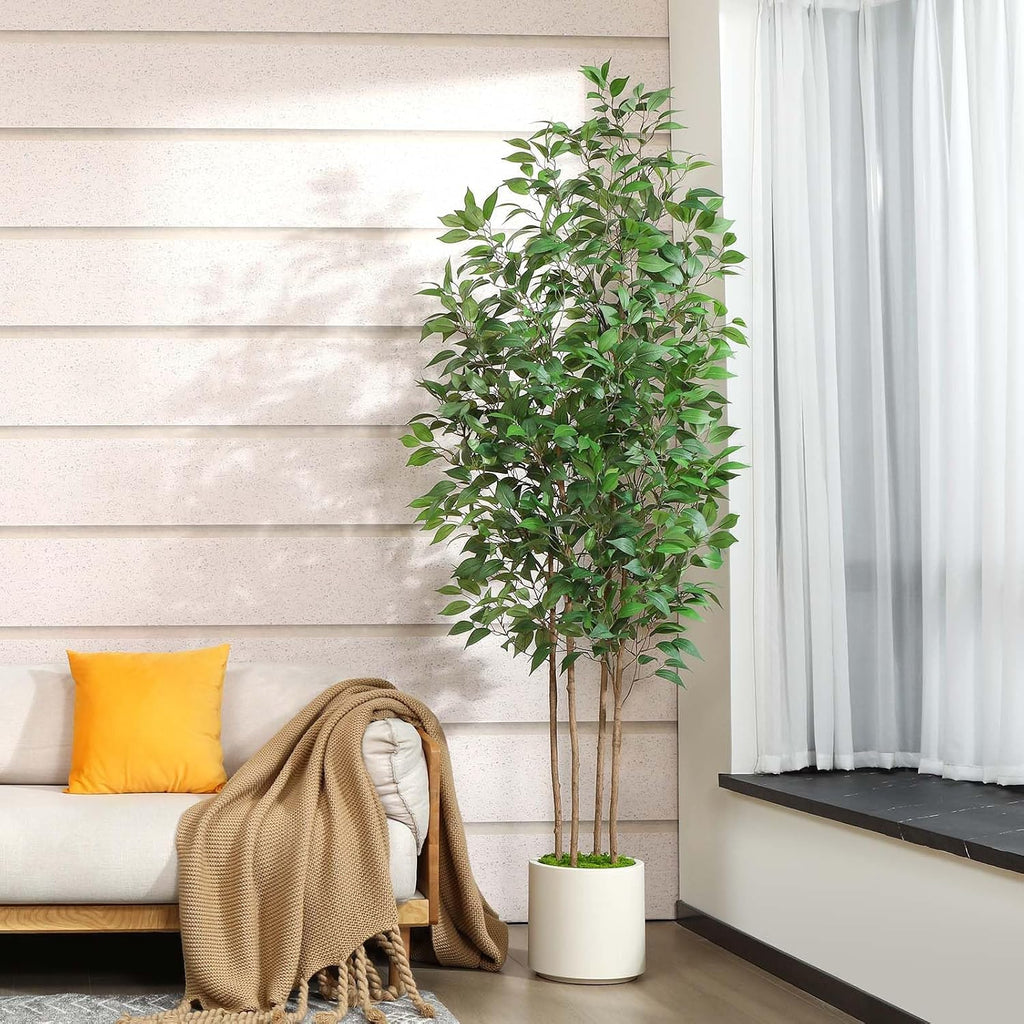 Ficus Artificial Tree 7ft Fake Silk Plant Decor Indoor, Faux Tree in White Imitation Ceramic Planter Fake Floor Plant