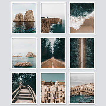 Framed Poster Set Duotone Ocean, Forest, Architecture Nature Wilderness - 8"x10"x 9 White