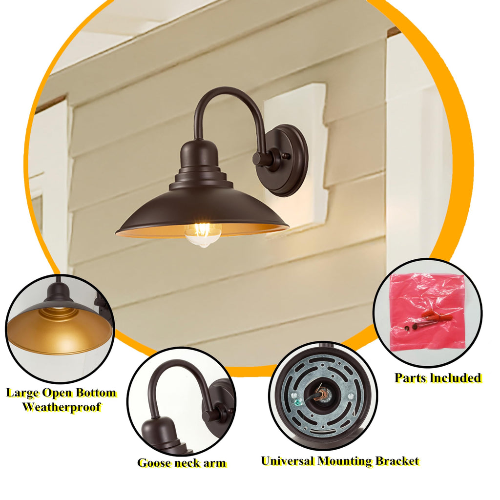 2 Pack Bronze Vanity Barn Lights, Farmhouse Gooseneck Wall Sconce with E26 Socket, Round Outdoor/Indoor Metal Light