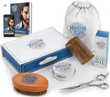 Premium 7-Item Organic Beard Kit - Beard Oil, Beard Balm, Beard Brush, Beard Comb, Scissors, Canvas Travel Bag - Male