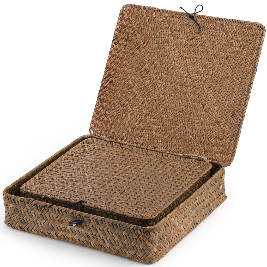 2 Pack Flat Wicker Woven Storage Bins with Lid and Wood Toggle, Natural Handmade Seagrass Basket Set, Rattan