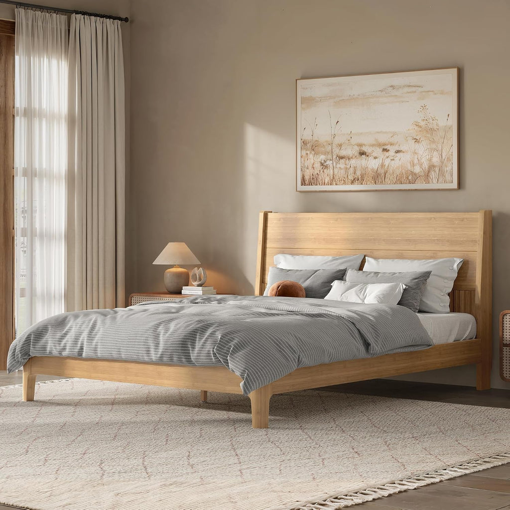 Bamboo Platform Bed Frame with Tall Headboard, Solid Bamboo Bed Frame with Support Slats, Modern Low