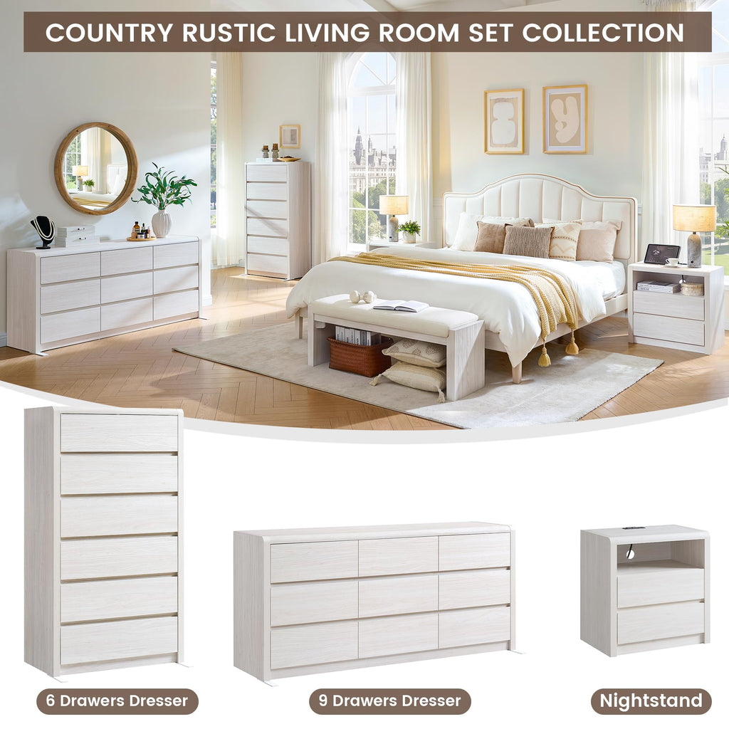 63" Wide Large with 9 Drawers, White, Mid Century Modern & Chest of Drawers, Rounded Corner, Wood Storage Organizer