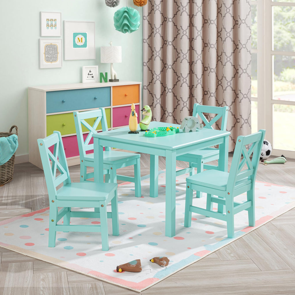 Solid Hard Wood Kids Table and Chair Set, Mint Blue, 5 Piece