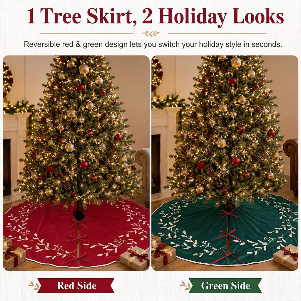 Velvet Christmas Tree Skirt 48'' Double Sided Red Green Vintage