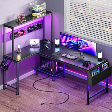 L Shaped Gaming Desk with LED Lights & Power Outlets | Reversible Computer Desk with Storage Shelves & Bag, Large