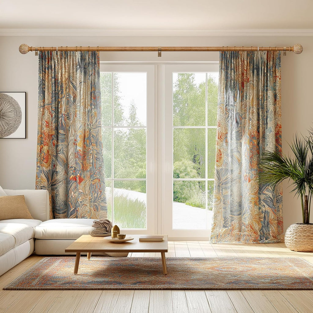 Wood Curtain Rods for Windows 48 to 84 Inch,1'' Diameter Drapery Rods with Imitation Wood Grain Leaf Pattern Finials