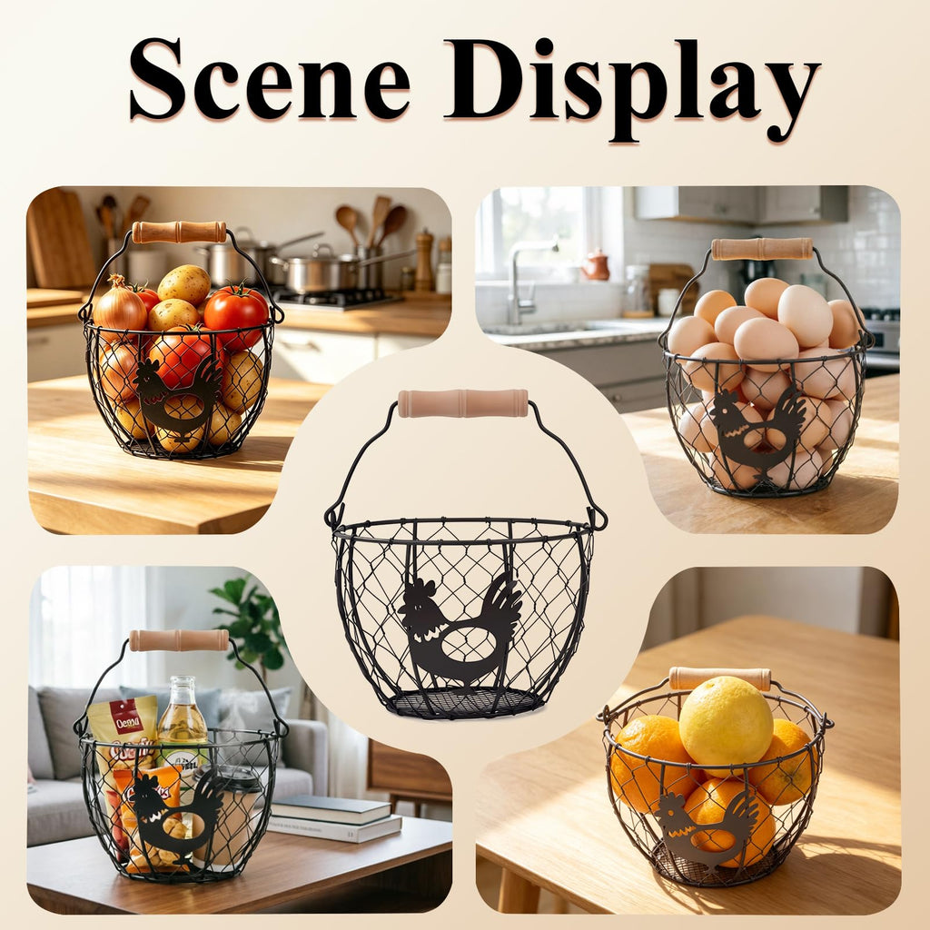 Wire Egg Basket Set of 2, Rooster Design Wooden Handle Farm Egg Storage 6.5in & 7.5in