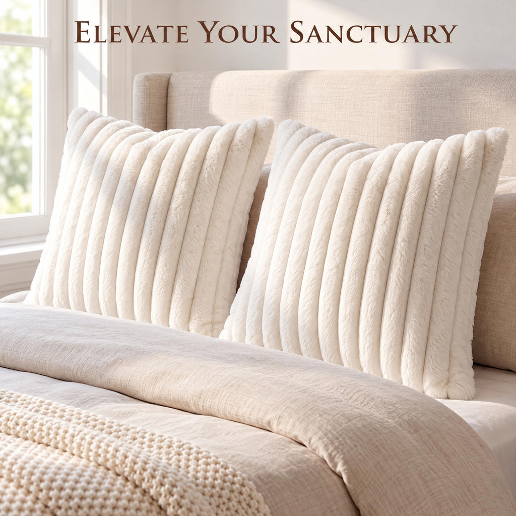 Set of 2 Decorative Throw Pillow Covers 20x20, Fall Faux Fur Cream White