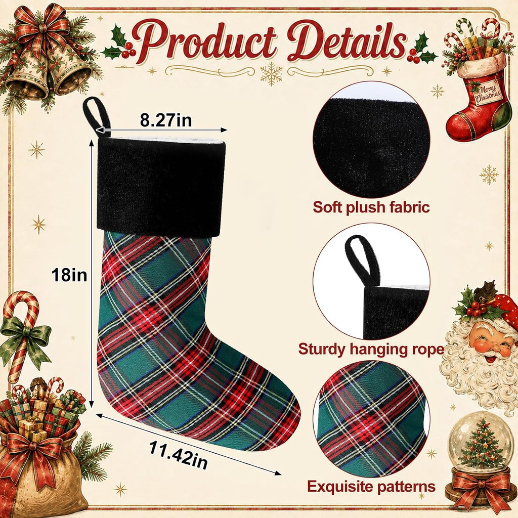 4 Pcs Tartan Plaid Christmas Stockings with Velvet Cuff 18", Green