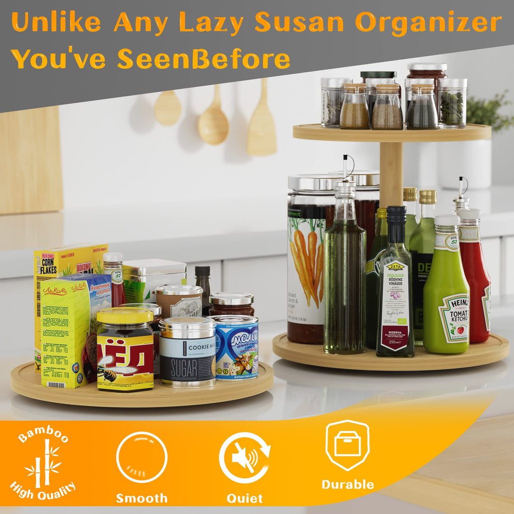 Lazy Susan Organizer 10 Inch Non-Skid Bamboo Lazy Susan Rotating Spice Rack Cabinet, Wood Turntable Countertop
