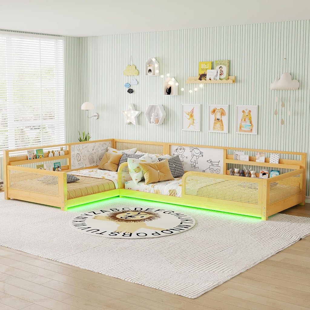 L-Shaped Double Twin Size Pine Wooden Floor Bed Frame with Bookshelves & Whiteboards, for 2, Detachable 2 in 1 Low