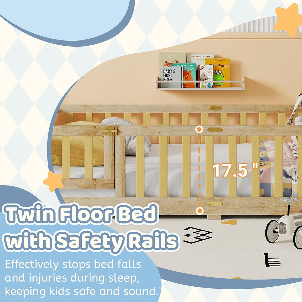 Montessori Floor Bed with Slats and Door, Solid Wood Floor Bed Frame with High Rails, Low Wooden Kids Beds