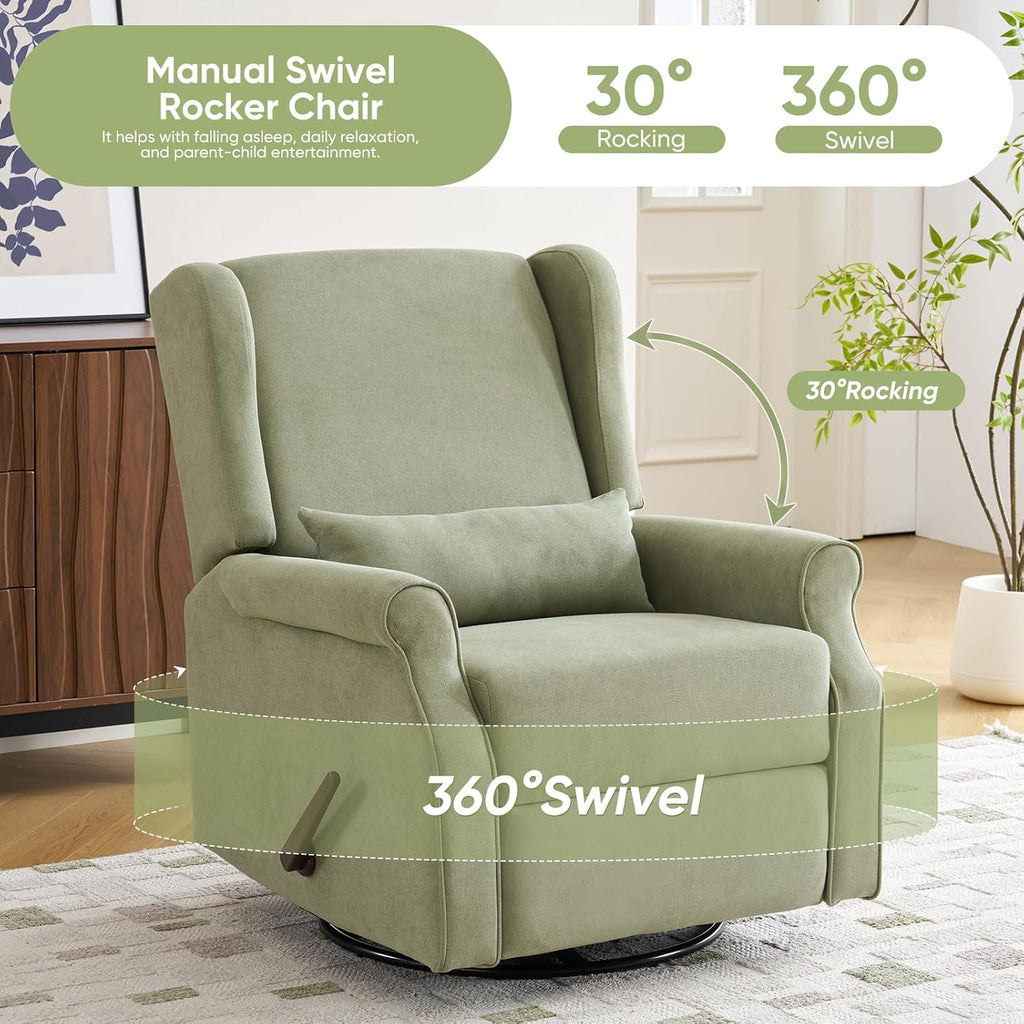 360°Swivel Rocker Recliner, Nursery Rocking Chair with Lumbar Pillow,Glider Recliner Nursery Chair for Small