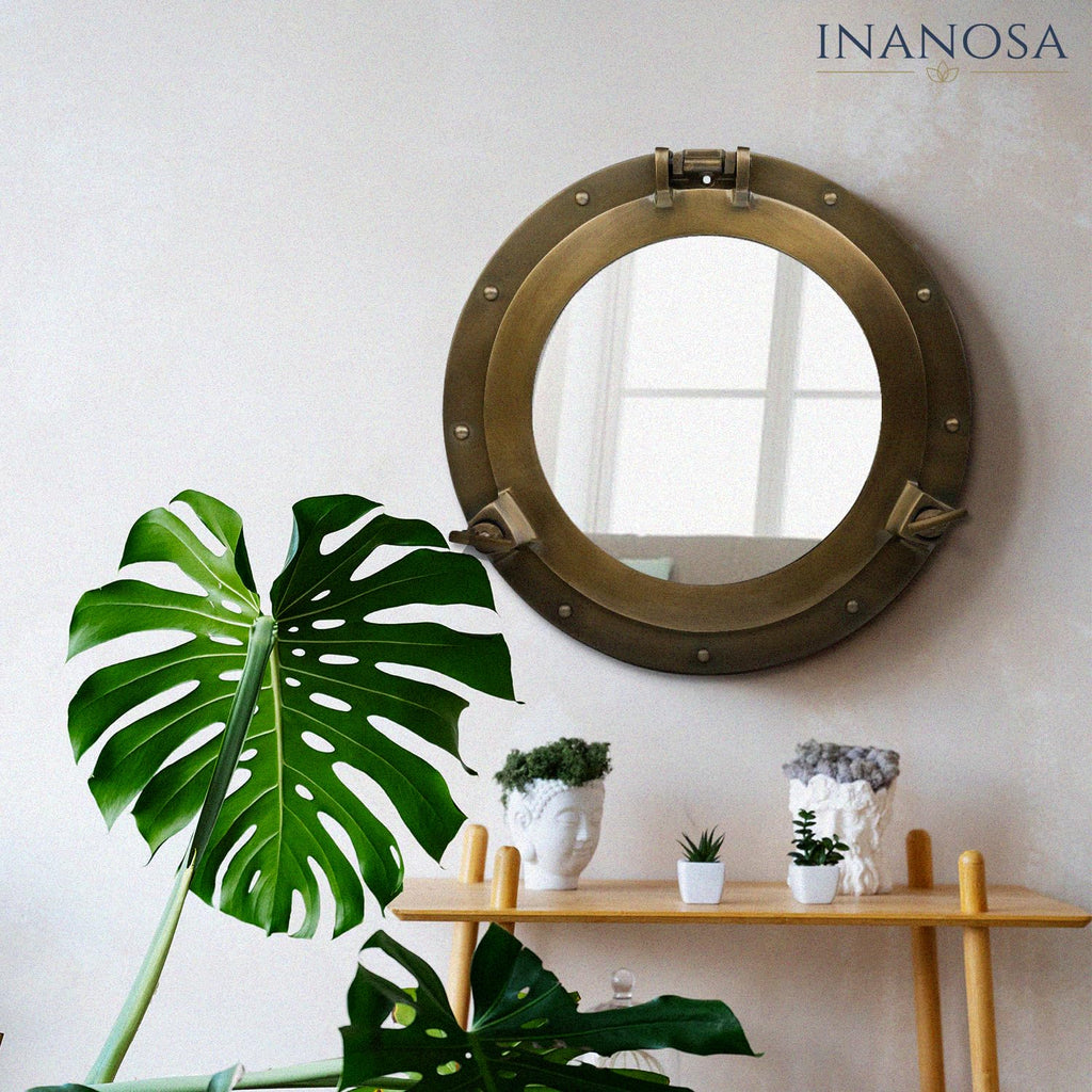 20 Inch Large Porthole Mirror - Nautical Wall Art, Round Antique Brass Aluminum Frame with Mirror Glass for Coastal