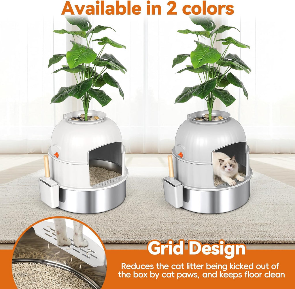 Hidden Plant Litter Box with Scoop, Stainless Steel Litter Box Plant, Beige